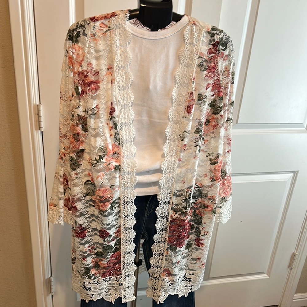 Jolie & Joy Cream and Pink Lace Jacket Open Front size XL - Picture 2 of 6